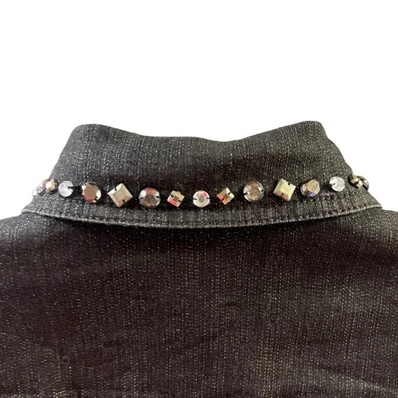 Ruby Rd Denim Jacket Black Embellished 3/4 Sleeve Glam Sparkle Rhinestone 14 - Picture 4 of 10